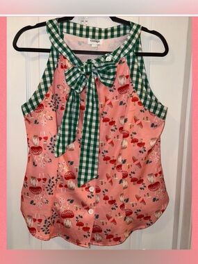Unique Vintage Pink Mushroom Print Tie Neck Tank with Green Gingham Trim